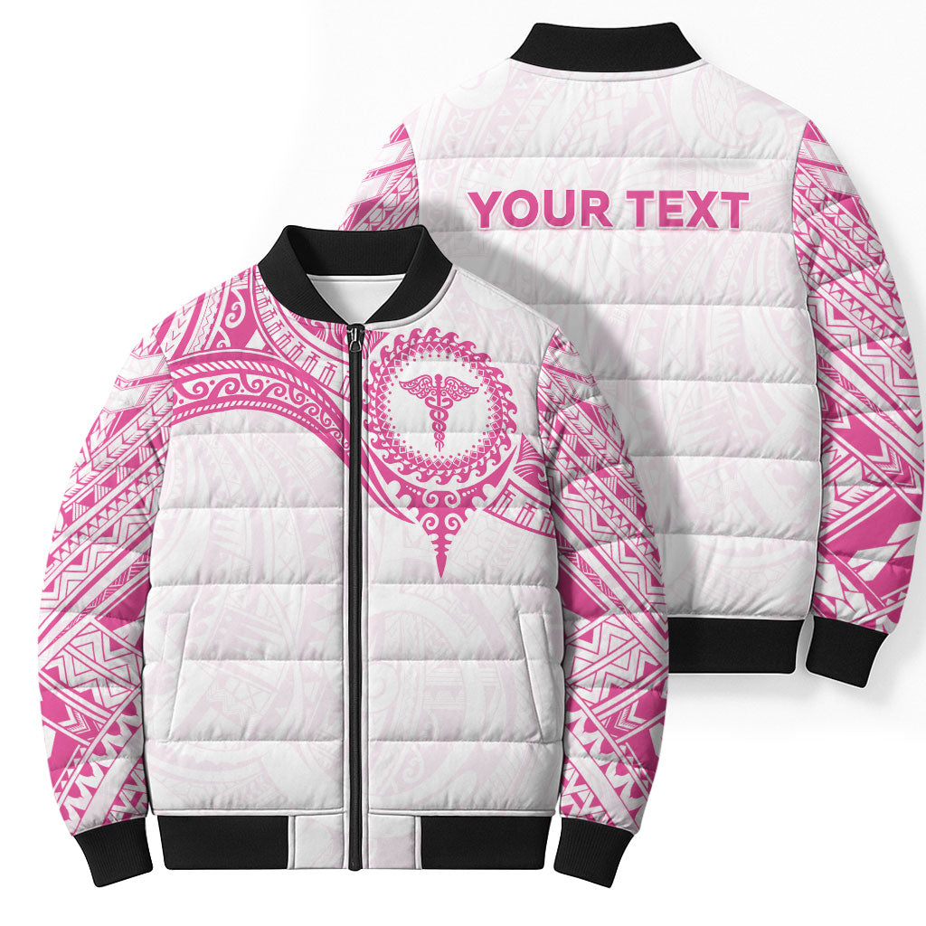 Personalised New Zealand Aotearoa Bomber Puffer Jacket Nurse Tribal Pink Version LT05 - Polynesian Pride