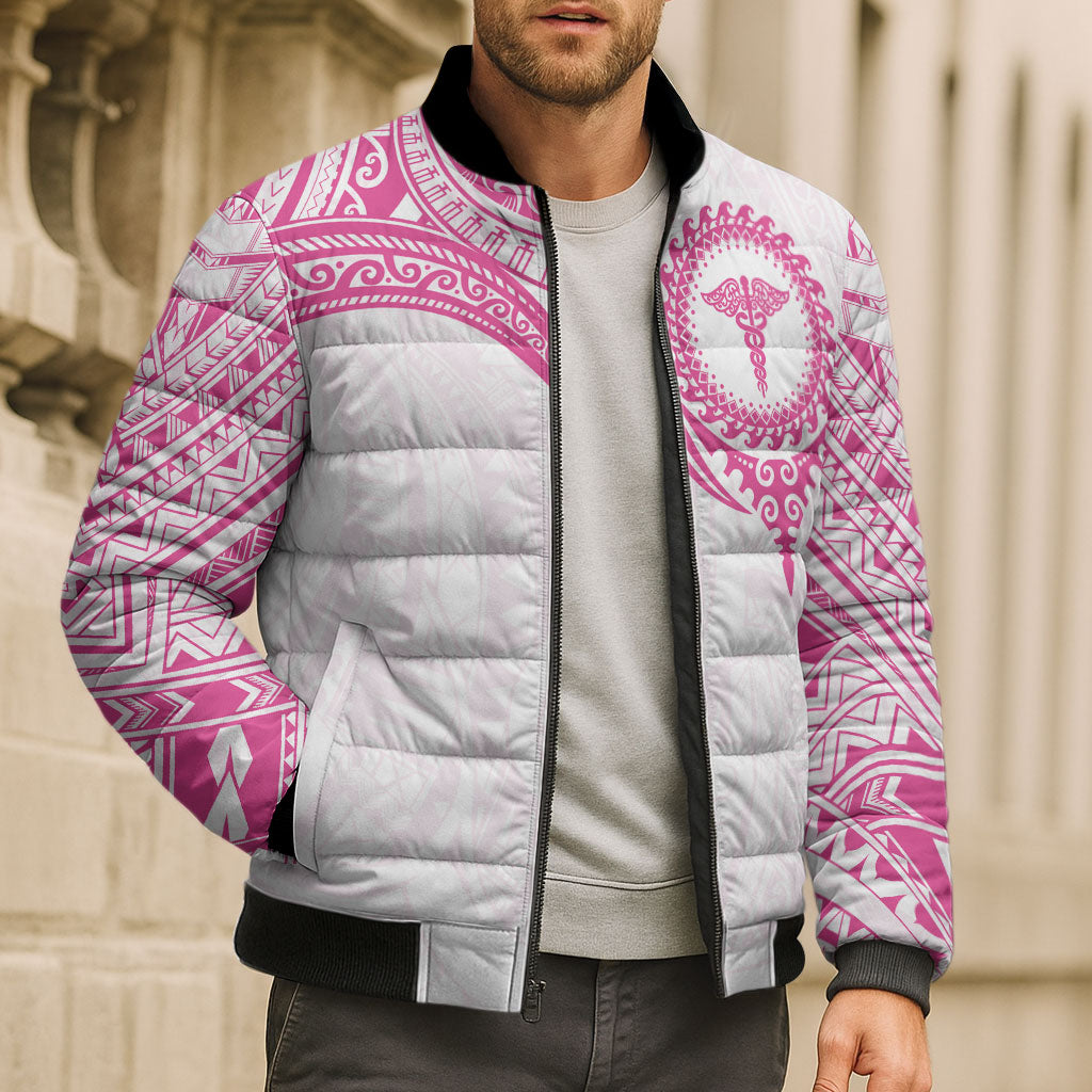 Personalised New Zealand Aotearoa Bomber Puffer Jacket Nurse Tribal Pink Version LT05 - Polynesian Pride