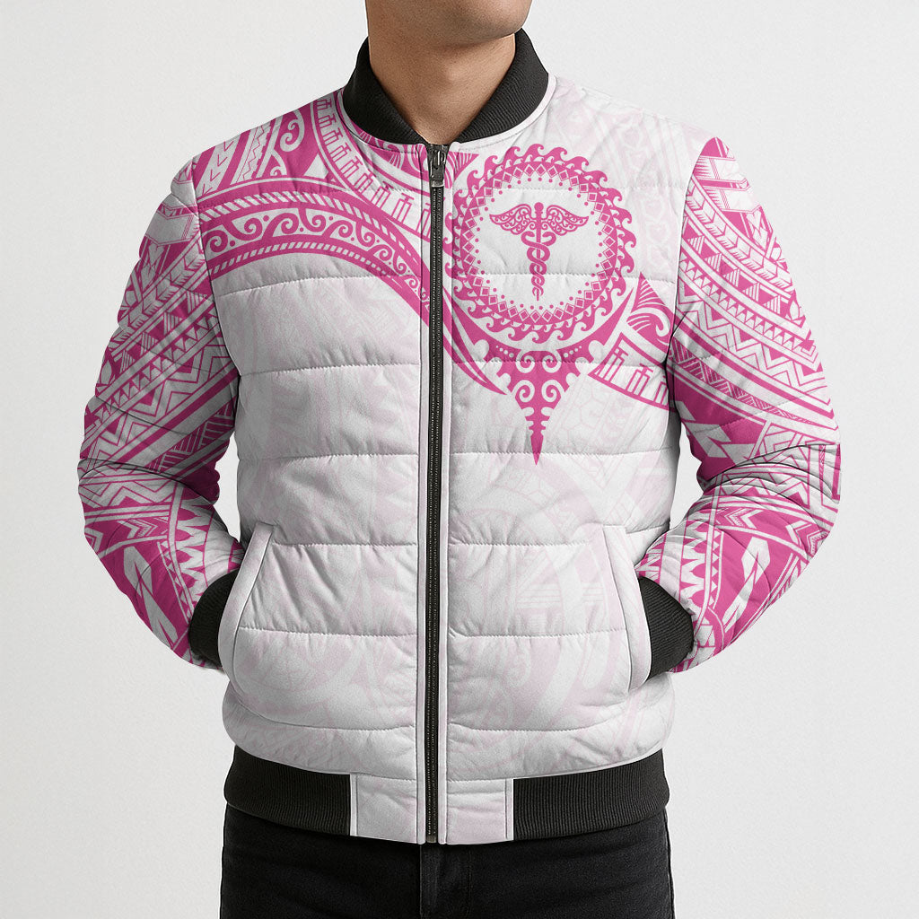 Personalised New Zealand Aotearoa Bomber Puffer Jacket Nurse Tribal Pink Version LT05 - Polynesian Pride