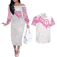 Personalised New Zealand Aotearoa Couples Matching Off The Shoulder Long Sleeve Dress and Hawaiian Shirt Nurse Tribal Pink Version