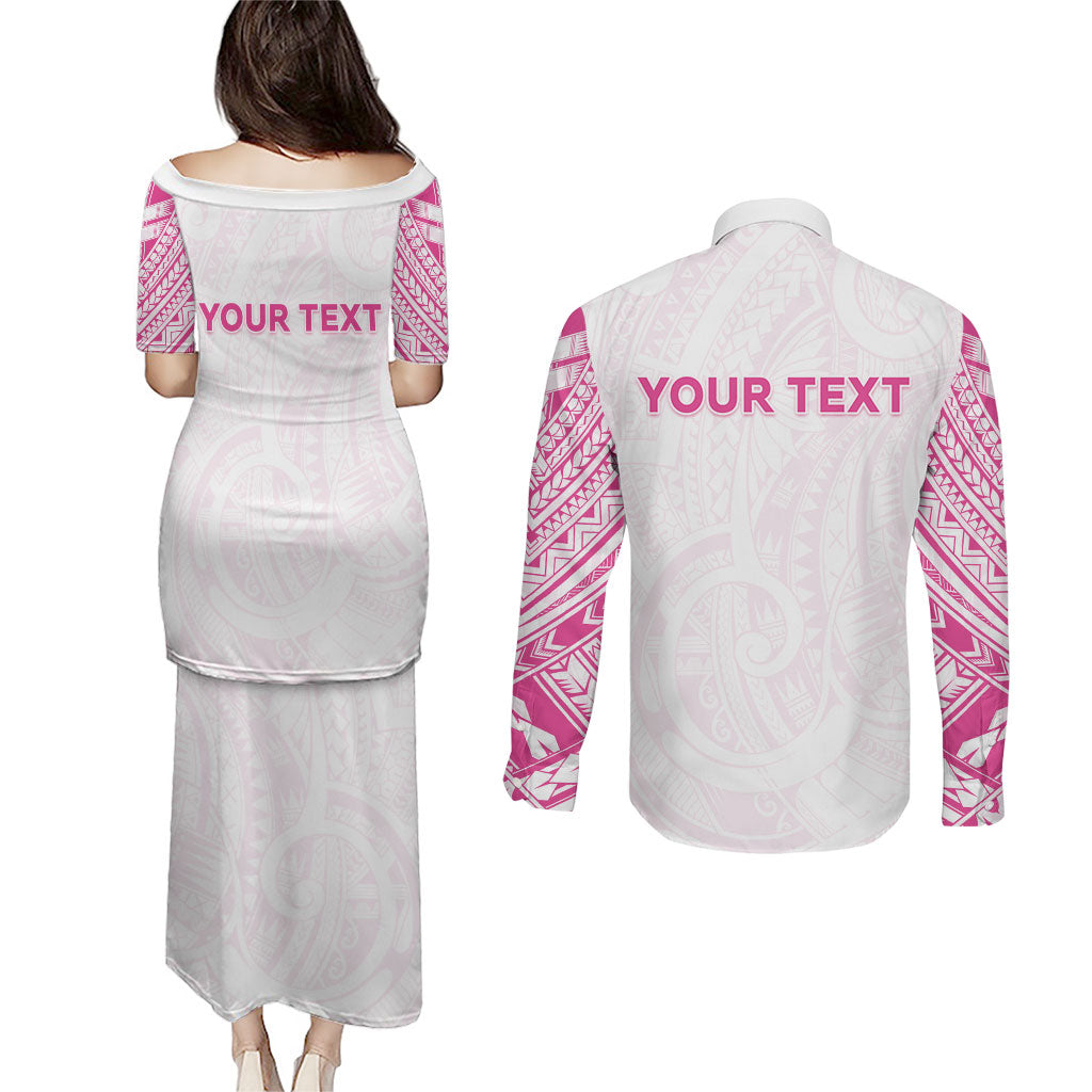 Personalised New Zealand Aotearoa Couples Matching Puletasi and Long Sleeve Button Shirt Nurse Tribal Pink Version
