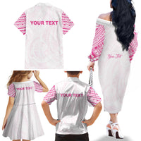 Personalised New Zealand Aotearoa Family Matching Off The Shoulder Long Sleeve Dress and Hawaiian Shirt Nurse Tribal Pink Version