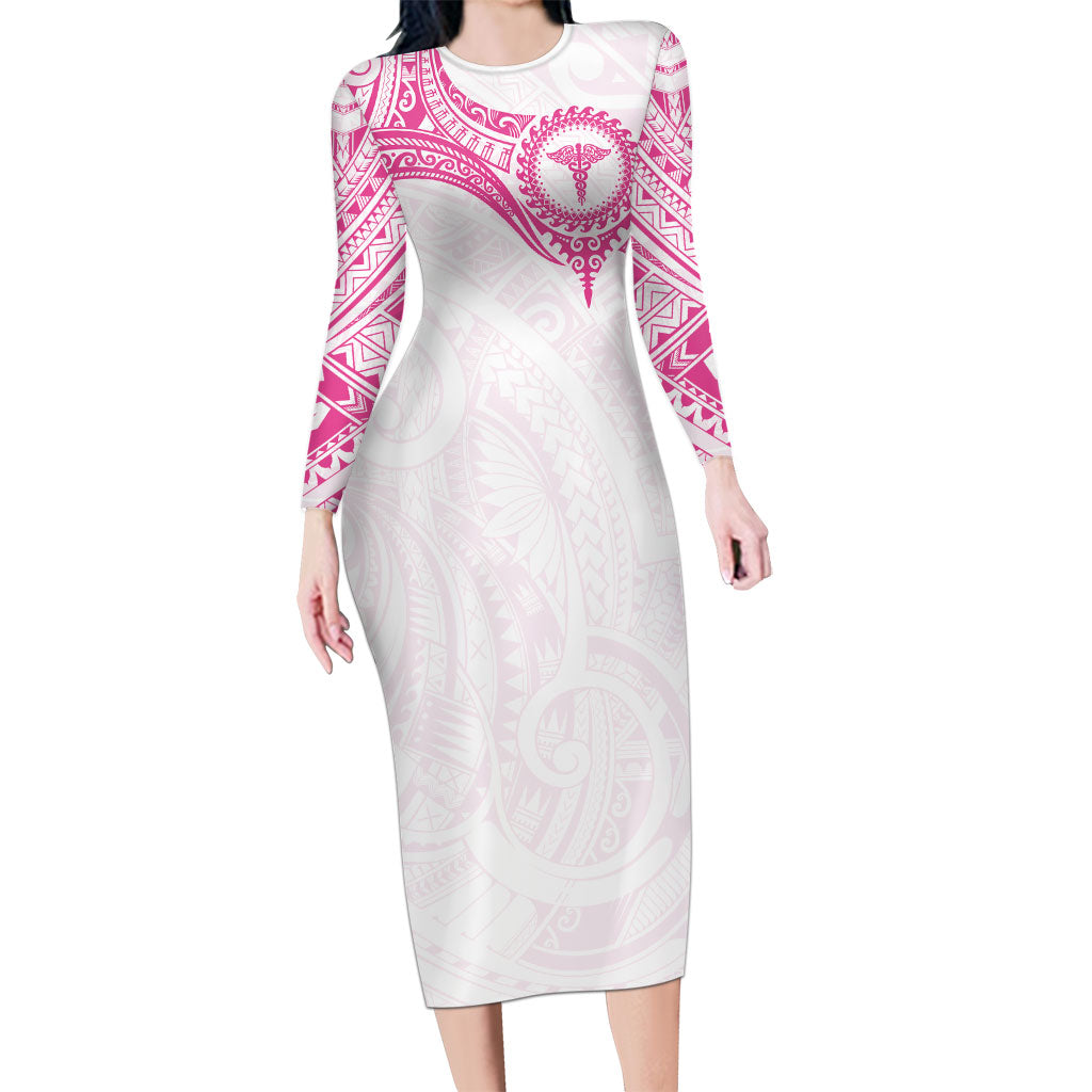 Personalised New Zealand Aotearoa Long Sleeve Bodycon Dress Nurse Tribal Pink Version