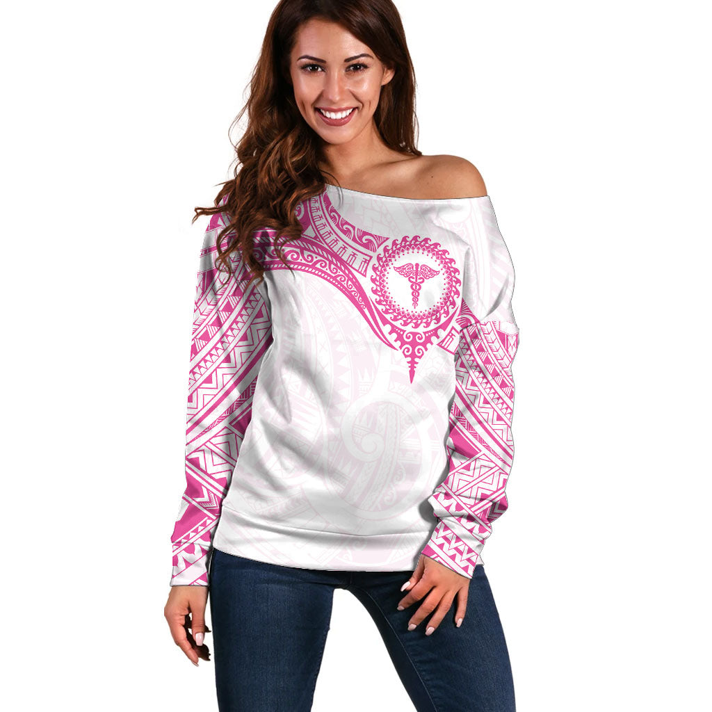 Personalised New Zealand Aotearoa Off Shoulder Sweater Nurse Tribal Pink Version LT05 Women Pink - Polynesian Pride