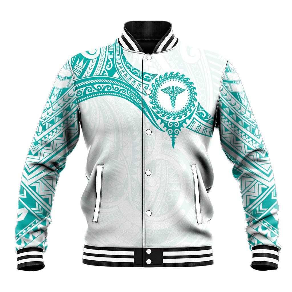 Personalised New Zealand Aotearoa Baseball Jacket Nurse Tribal Teal Version