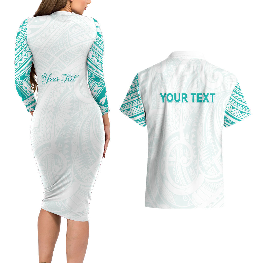 Personalised New Zealand Aotearoa Couples Matching Long Sleeve Bodycon Dress and Hawaiian Shirt Nurse Tribal Teal Version