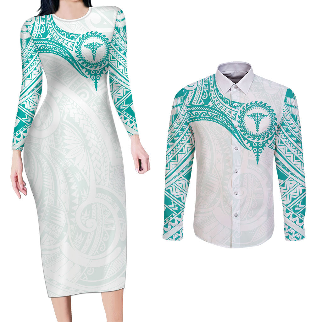 Personalised New Zealand Aotearoa Couples Matching Long Sleeve Bodycon Dress and Long Sleeve Button Shirt Nurse Tribal Teal Version