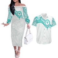 Personalised New Zealand Aotearoa Couples Matching Off The Shoulder Long Sleeve Dress and Hawaiian Shirt Nurse Tribal Teal Version