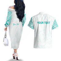 Personalised New Zealand Aotearoa Couples Matching Off The Shoulder Long Sleeve Dress and Hawaiian Shirt Nurse Tribal Teal Version