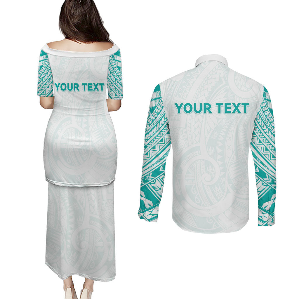 Personalised New Zealand Aotearoa Couples Matching Puletasi and Long Sleeve Button Shirt Nurse Tribal Teal Version