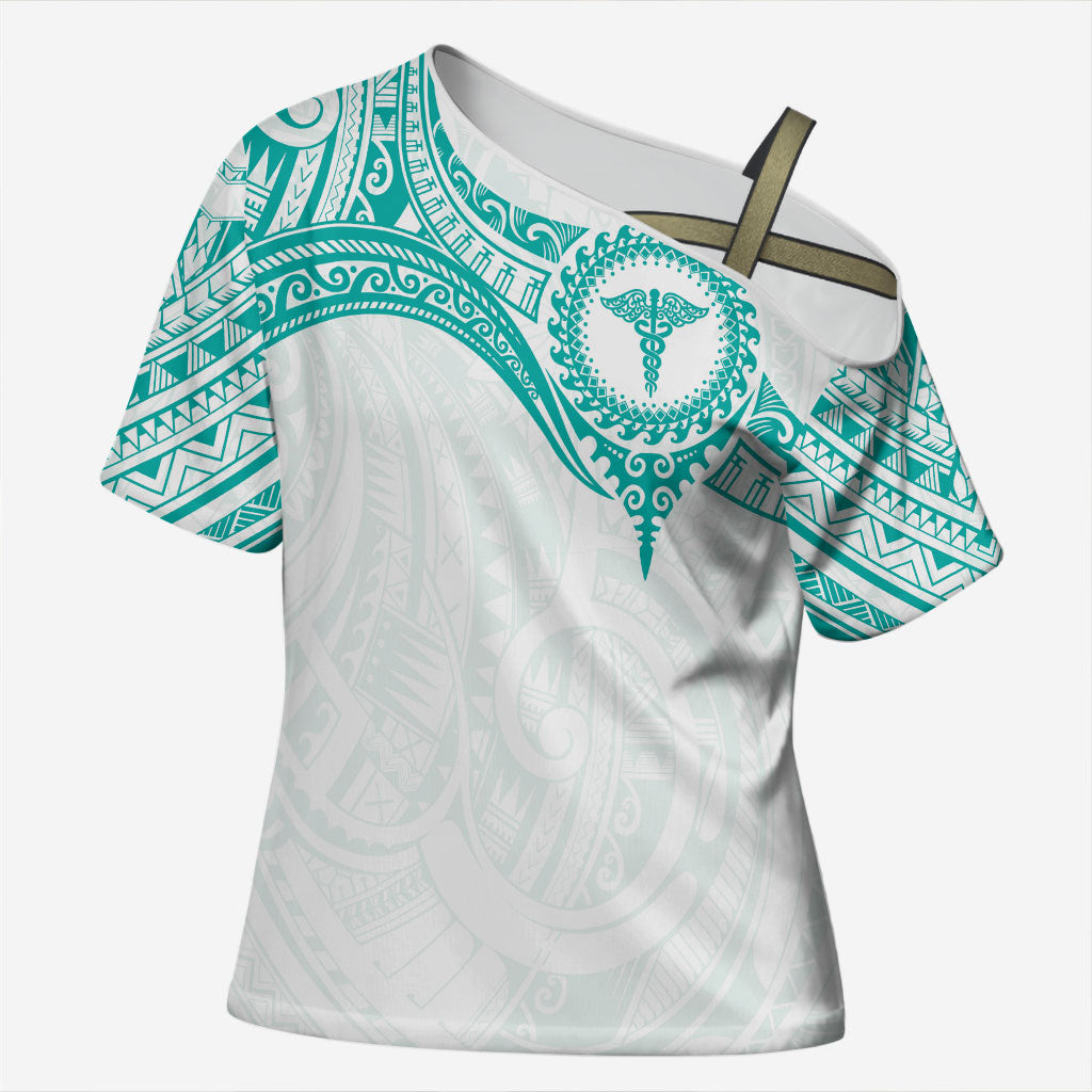 Personalised New Zealand Aotearoa Cross Shoulder Shirt Nurse Tribal Teal Version