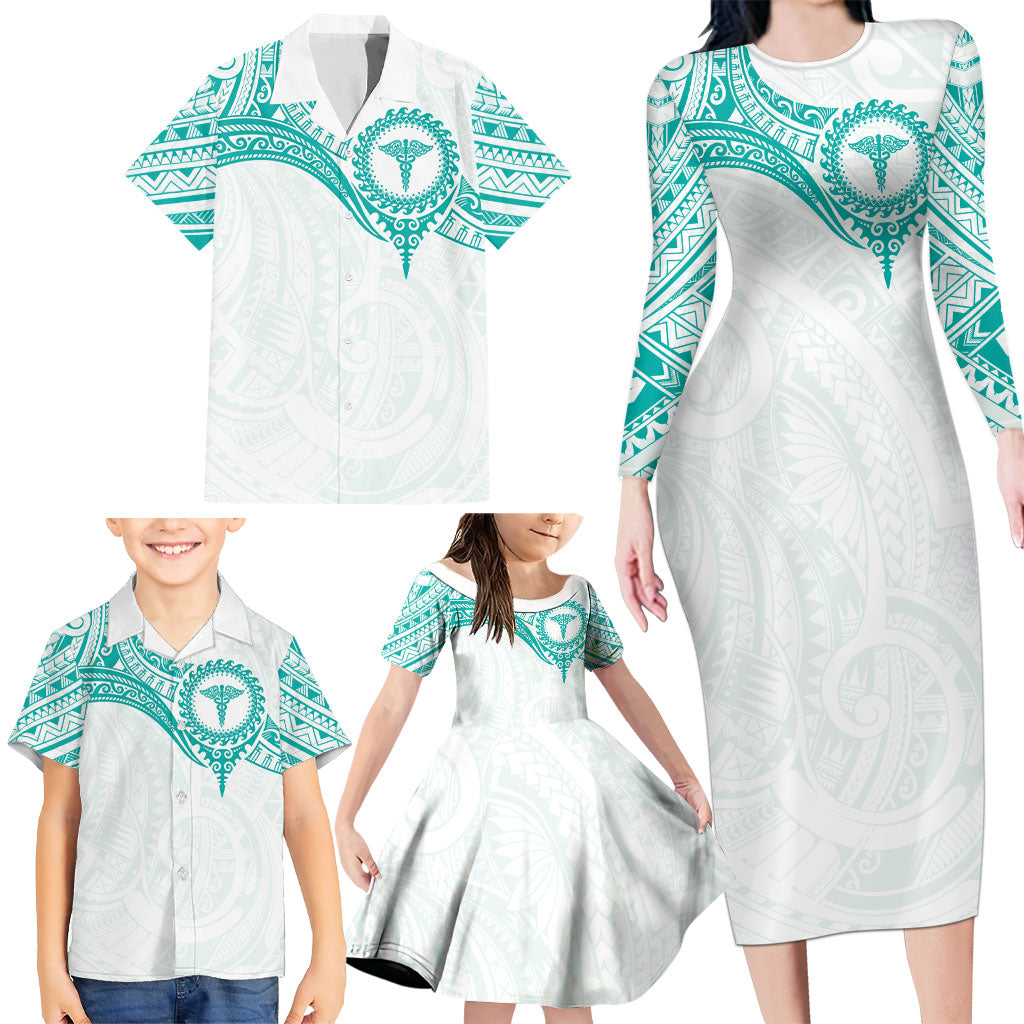 Personalised New Zealand Aotearoa Family Matching Long Sleeve Bodycon Dress and Hawaiian Shirt Nurse Tribal Teal Version