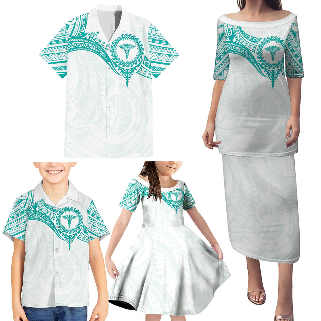 Personalised New Zealand Aotearoa Family Matching Puletasi and Hawaiian Shirt Nurse Tribal Teal Version