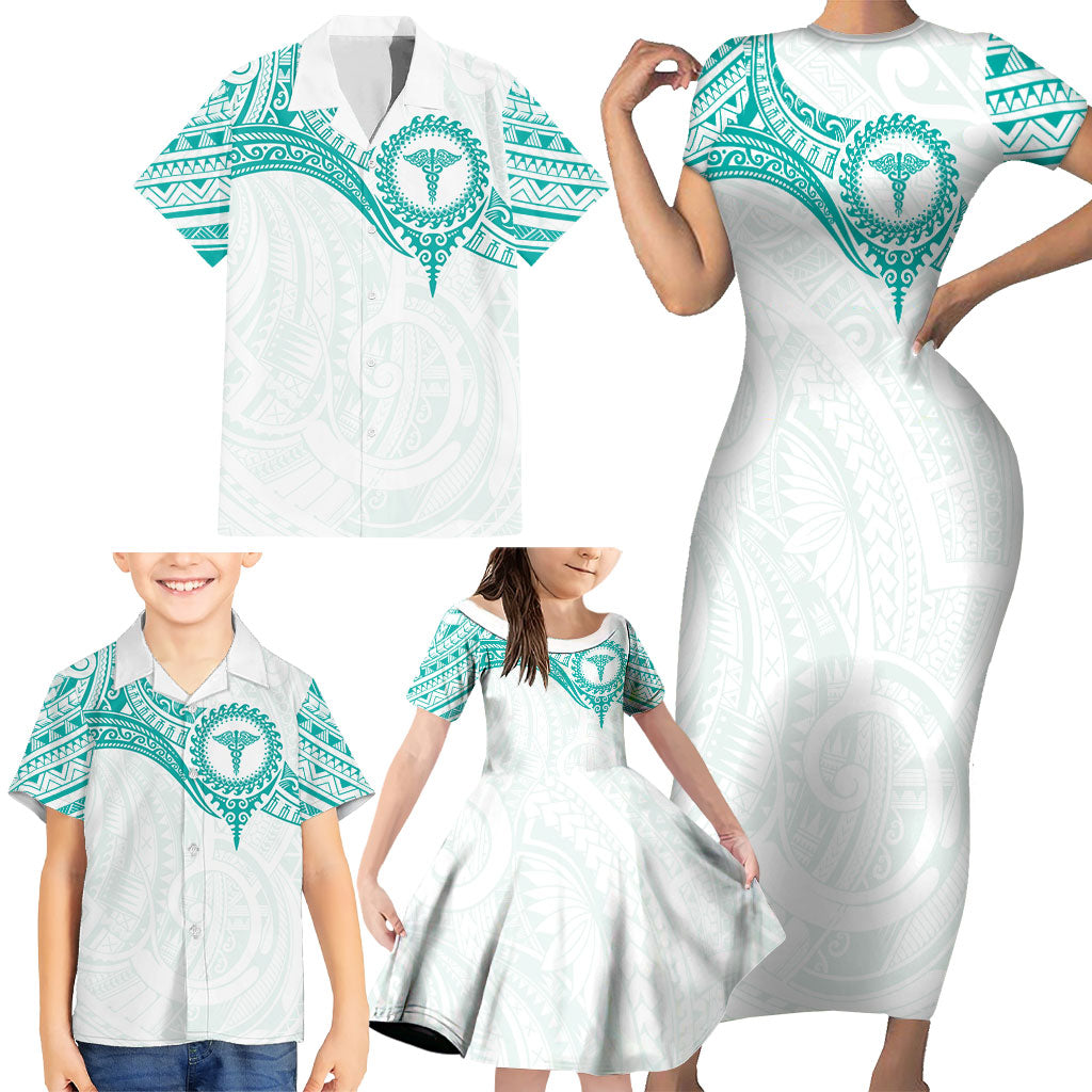 Personalised New Zealand Aotearoa Family Matching Short Sleeve Bodycon Dress and Hawaiian Shirt Nurse Tribal Teal Version