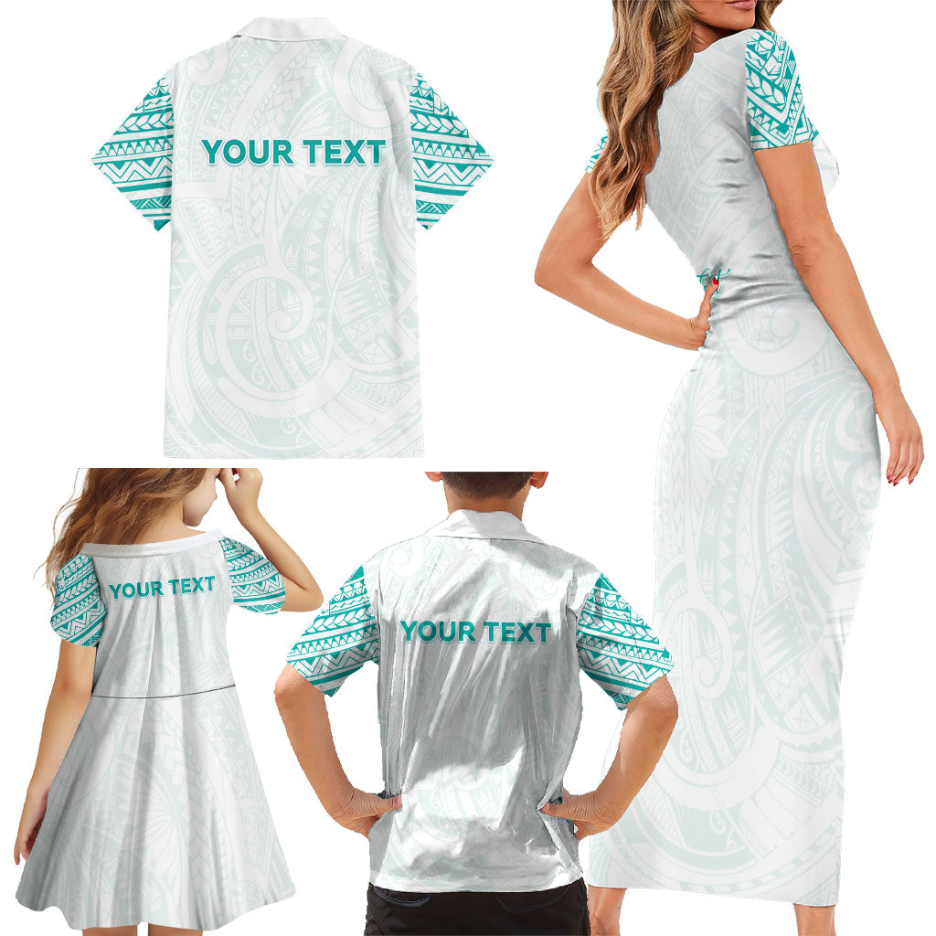 Personalised New Zealand Aotearoa Family Matching Short Sleeve Bodycon Dress and Hawaiian Shirt Nurse Tribal Teal Version