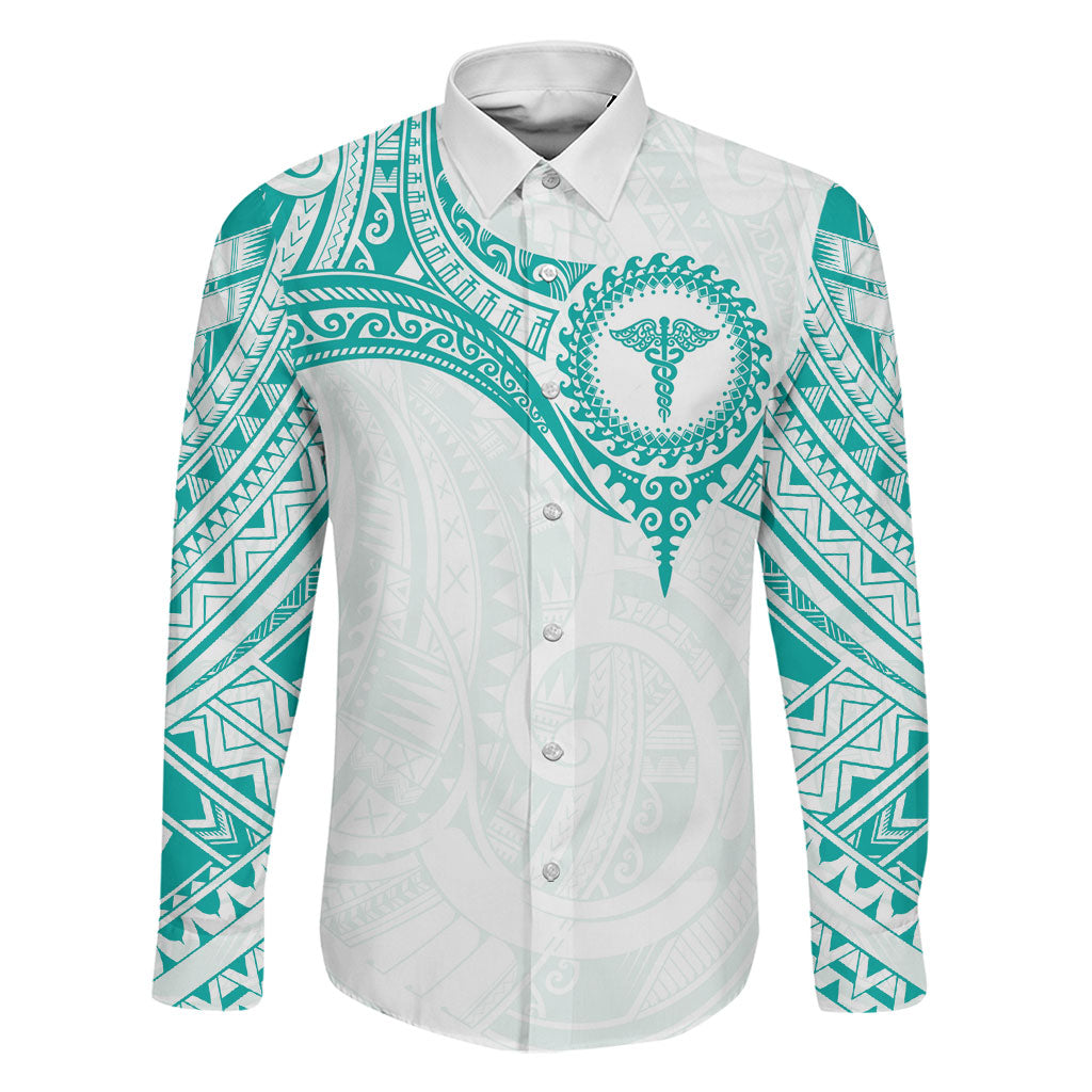 Personalised New Zealand Aotearoa Family Matching Tank Maxi Dress and Hawaiian Shirt Nurse Tribal Teal Version LT05 Dad's Shirt - Long Sleeve Teal - Polynesian Pride