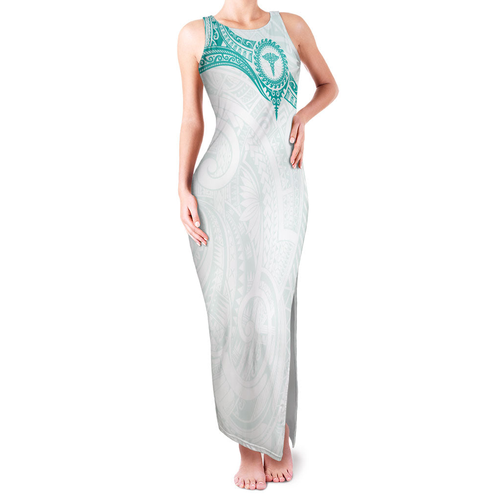 Personalised New Zealand Aotearoa Family Matching Tank Maxi Dress and Hawaiian Shirt Nurse Tribal Teal Version LT05 Mom's Dress Teal - Polynesian Pride