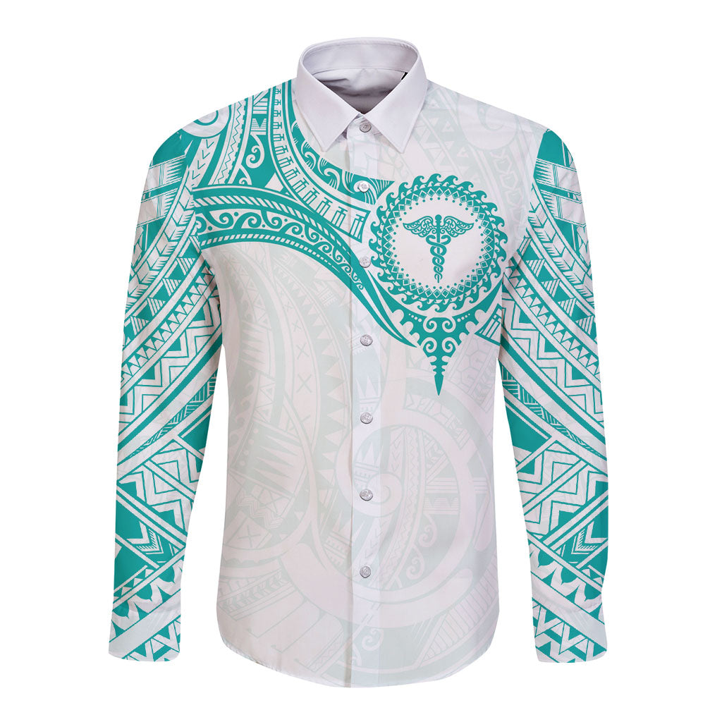 Personalised New Zealand Aotearoa Long Sleeve Button Shirt Nurse Tribal Teal Version