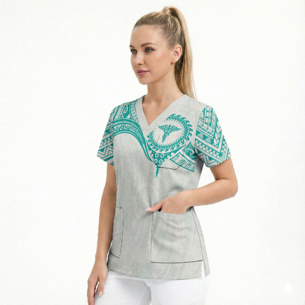 Personalised New Zealand Aotearoa Scrub Top Nurse Tribal Teal Version LT05 - Polynesian Pride