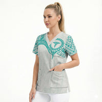 Personalised New Zealand Aotearoa Scrub Top Nurse Tribal Teal Version LT05 - Polynesian Pride