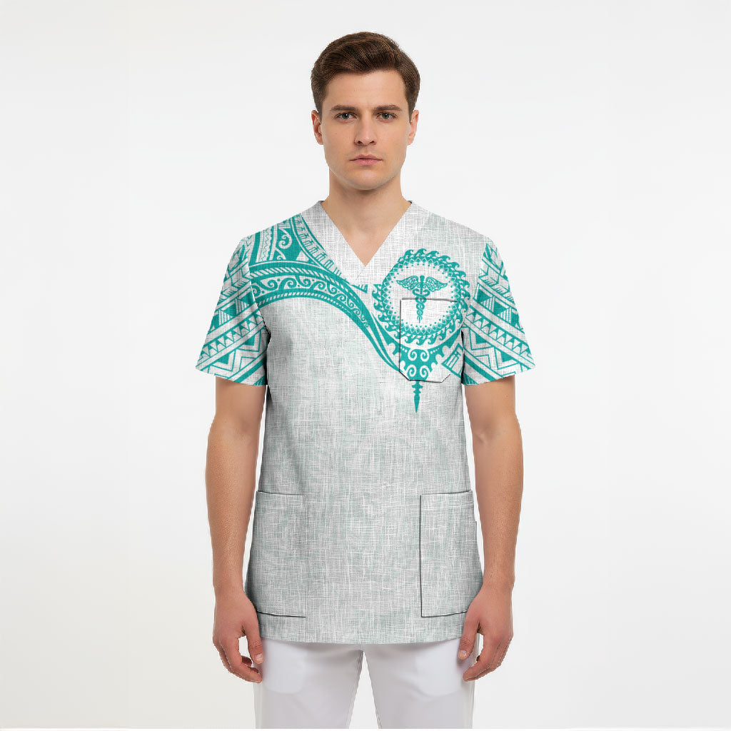 Personalised New Zealand Aotearoa Scrub Top Nurse Tribal Teal Version LT05 - Polynesian Pride