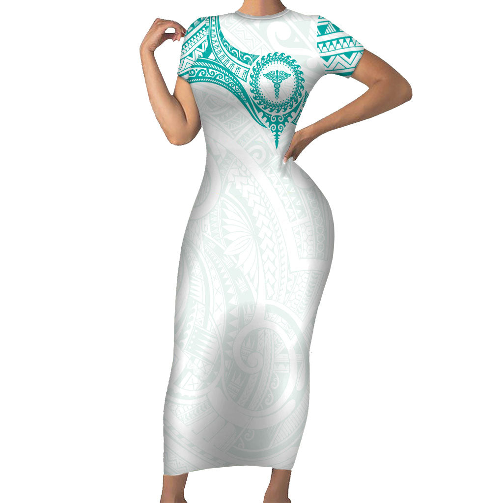 Personalised New Zealand Aotearoa Short Sleeve Bodycon Dress Nurse Tribal Teal Version