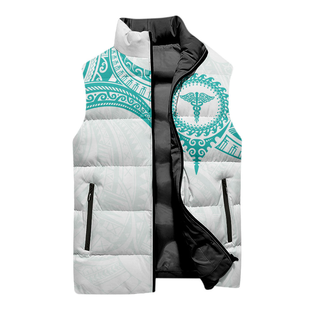 Personalised New Zealand Aotearoa Sleeveless Puffer Jacket Nurse Tribal Teal Version LT05 - Polynesian Pride