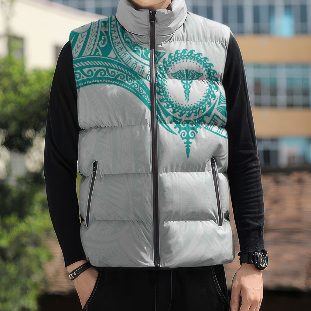 Personalised New Zealand Aotearoa Sleeveless Puffer Jacket Nurse Tribal Teal Version LT05 - Polynesian Pride
