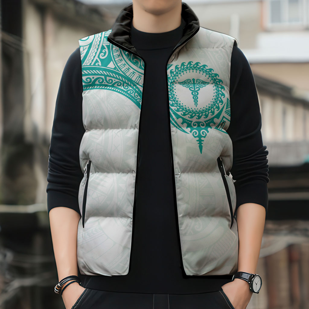 Personalised New Zealand Aotearoa Sleeveless Puffer Jacket Nurse Tribal Teal Version LT05 - Polynesian Pride