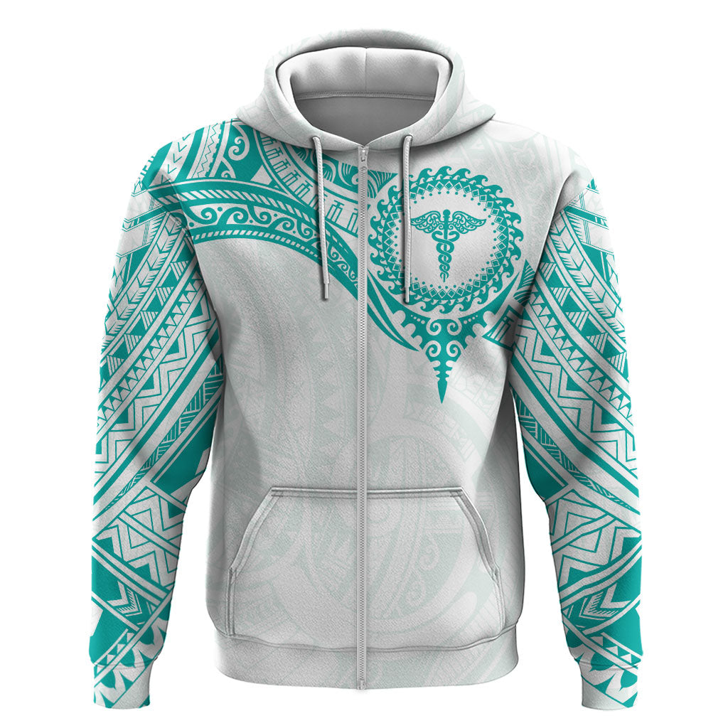 Personalised New Zealand Aotearoa Zip Hoodie Nurse Tribal Teal Version