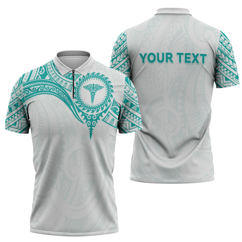 Personalised New Zealand Aotearoa Zipper Polo Shirt Nurse Tribal Teal Version