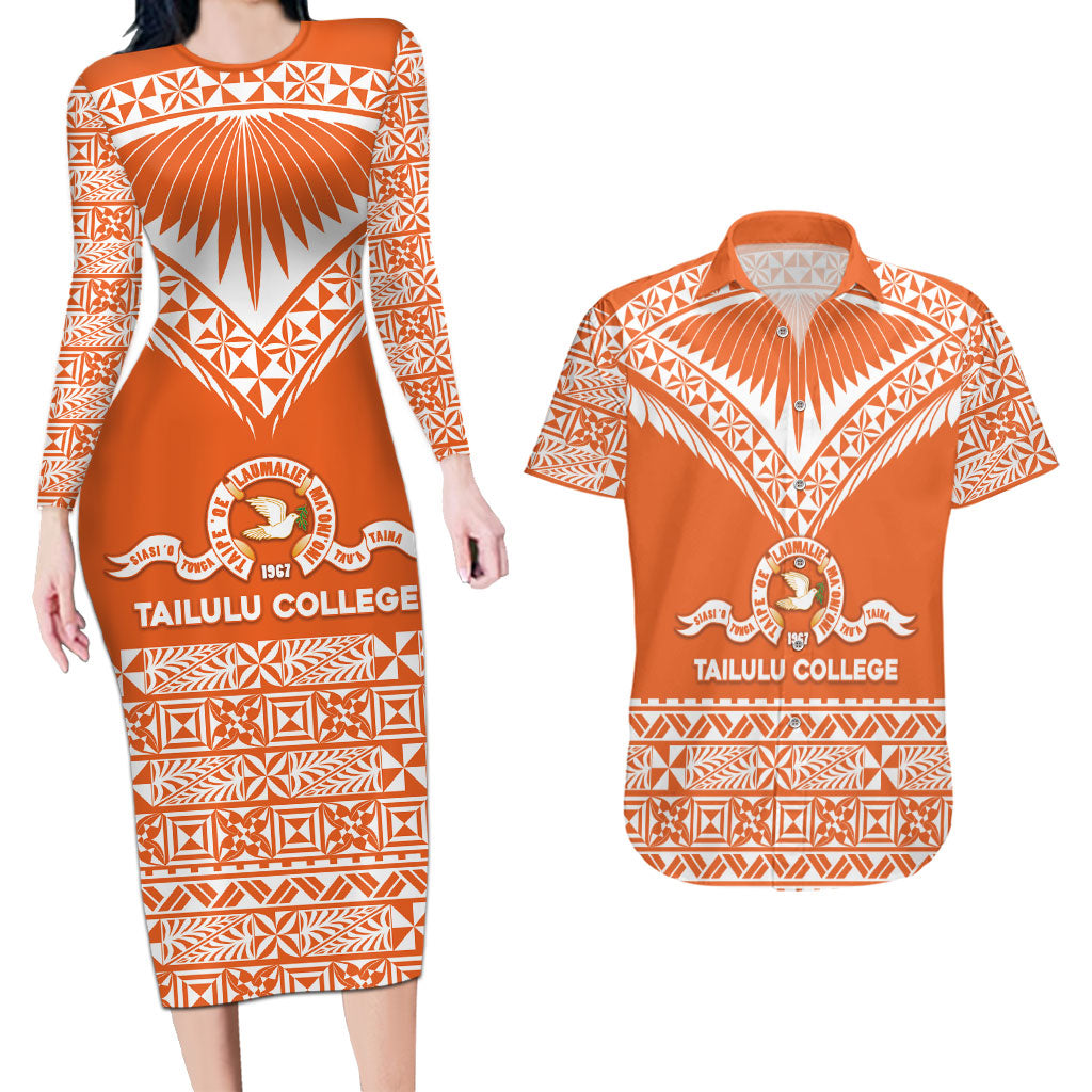 Personalised Tonga Tailulu College Couples Matching Long Sleeve Bodycon Dress and Hawaiian Shirt Tongan Kupesi Pattern