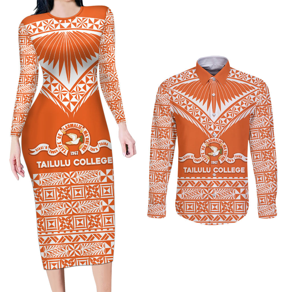 Personalised Tonga Tailulu College Couples Matching Long Sleeve Bodycon Dress and Long Sleeve Button Shirt Tongan Kupesi Pattern