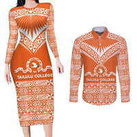 Personalised Tonga Tailulu College Couples Matching Long Sleeve Bodycon Dress and Long Sleeve Button Shirt Tongan Kupesi Pattern