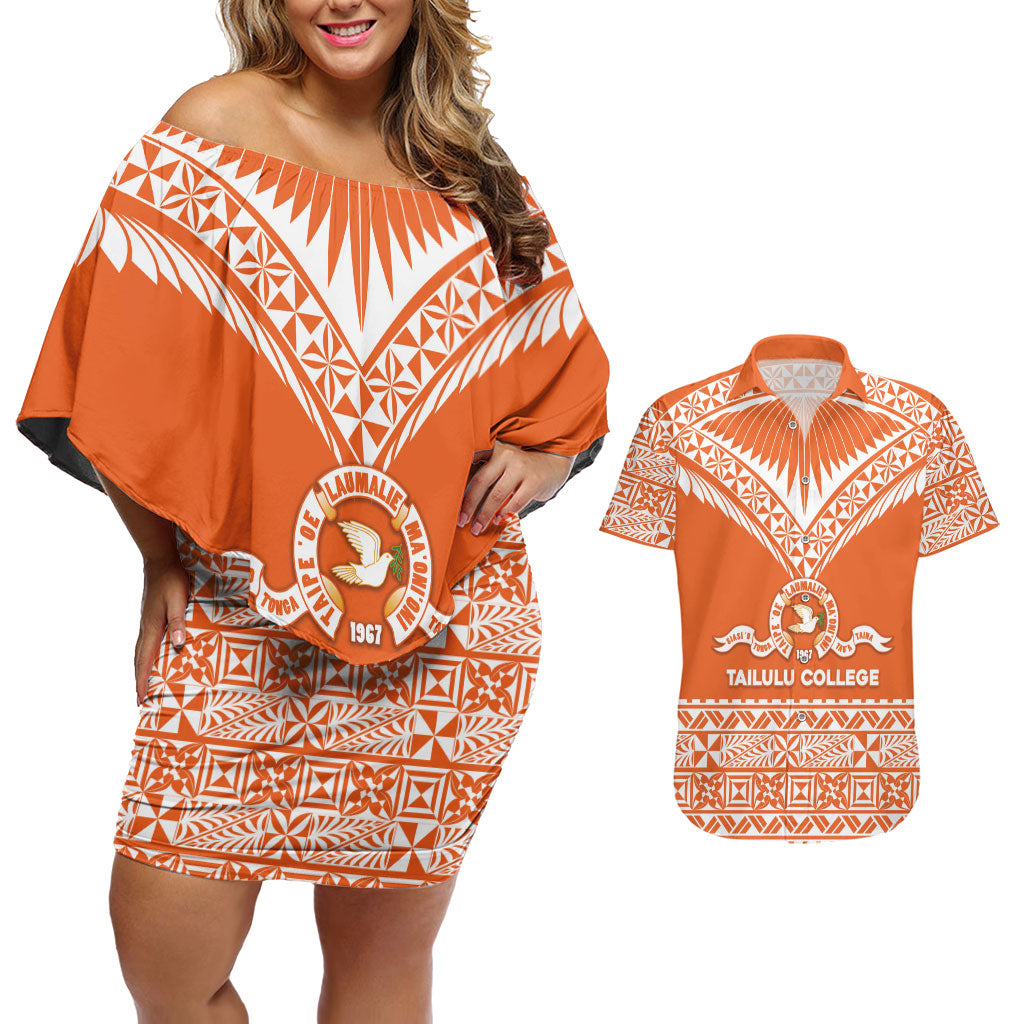 Personalised Tonga Tailulu College Couples Matching Off Shoulder Short Dress and Hawaiian Shirt Tongan Kupesi Pattern LT05 Orange - Polynesian Pride