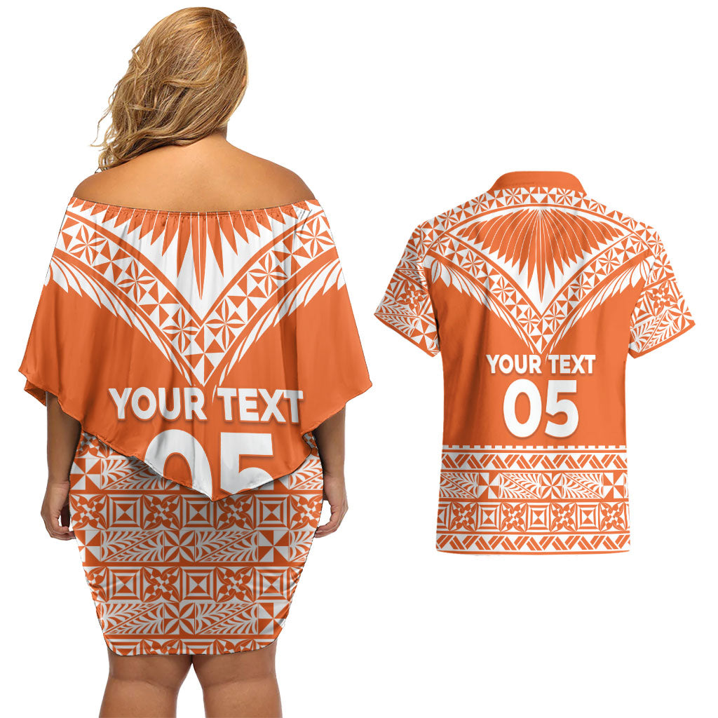 Personalised Tonga Tailulu College Couples Matching Off Shoulder Short Dress and Hawaiian Shirt Tongan Kupesi Pattern LT05 - Polynesian Pride