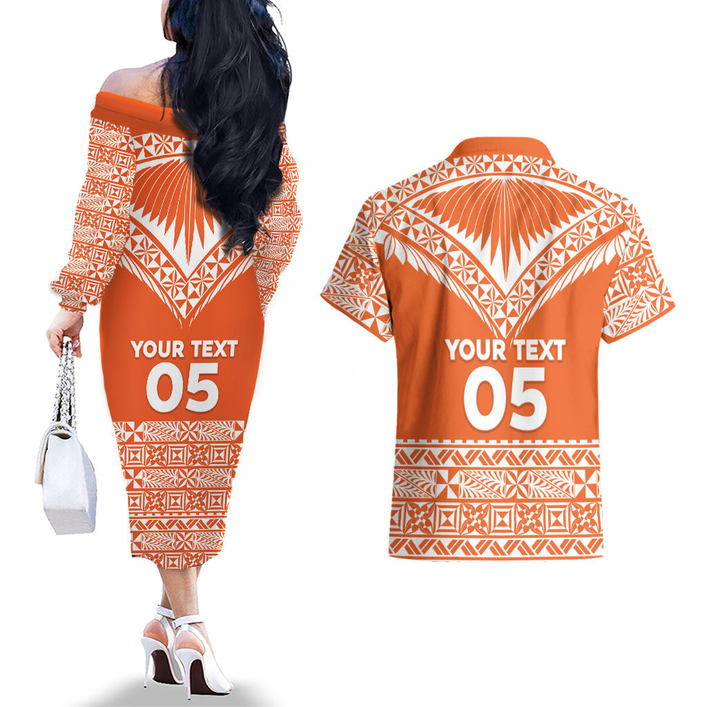 Personalised Tonga Tailulu College Couples Matching Off The Shoulder Long Sleeve Dress and Hawaiian Shirt Tongan Kupesi Pattern