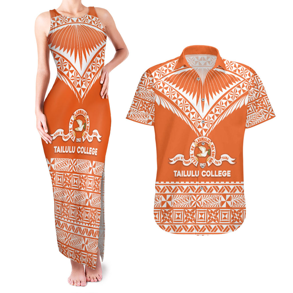 Personalised Tonga Tailulu College Couples Matching Tank Maxi Dress and Hawaiian Shirt Tongan Kupesi Pattern LT05 Orange - Polynesian Pride