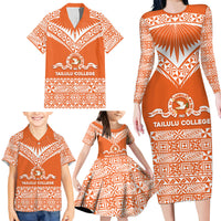 Personalised Tonga Tailulu College Family Matching Long Sleeve Bodycon Dress and Hawaiian Shirt Tongan Kupesi Pattern