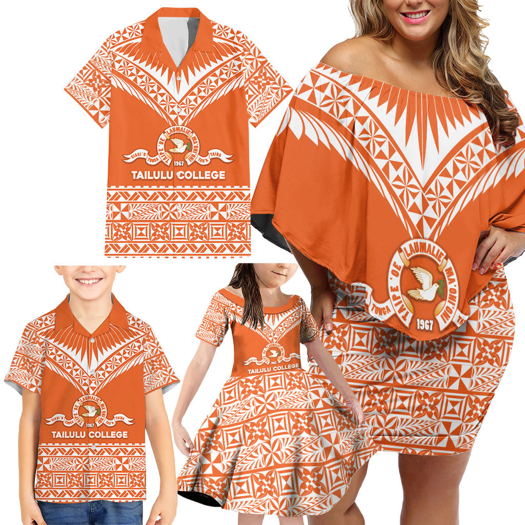 Personalised Tonga Tailulu College Family Matching Off Shoulder Short Dress and Hawaiian Shirt Tongan Kupesi Pattern