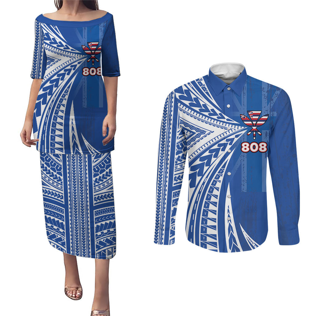 Personalised Hawaii 808 Couples Matching Puletasi and Long Sleeve Button Shirt Unique Style