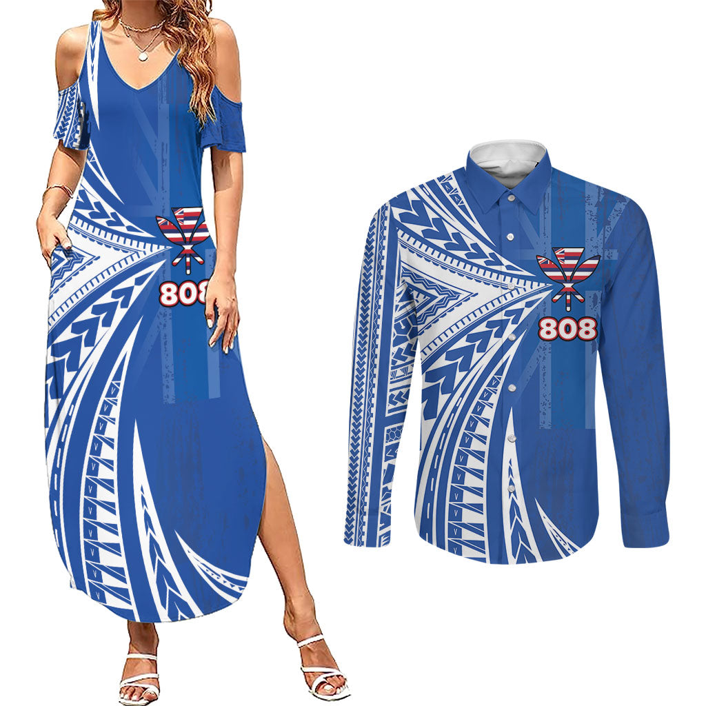 Personalised Hawaii 808 Couples Matching Summer Maxi Dress and Long Sleeve Button Shirt Unique Style LT05 Blue - Polynesian Pride