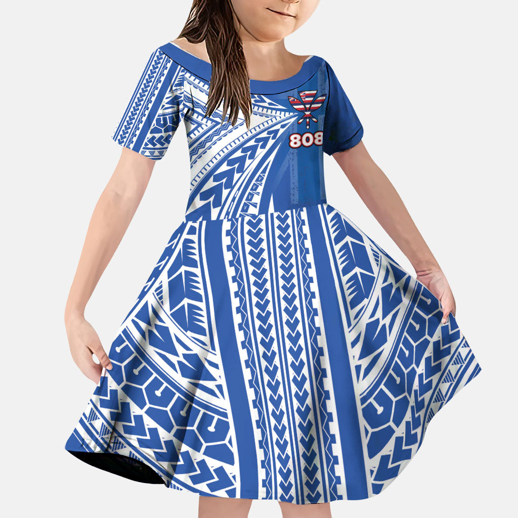 Personalised Hawaii 808 Family Matching Mermaid Dress and Hawaiian Shirt Unique Style LT05 Daughter's Dress Blue - Polynesian Pride