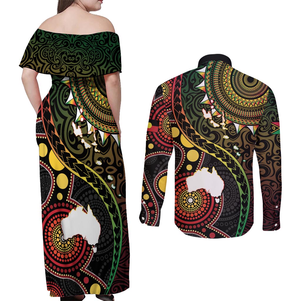 Vanuatu And Australia Aboriginal Couples Matching Off Shoulder Maxi Dress and Long Sleeve Button Shirt Iguana And Kangaroo Together LT05 - Polynesian Pride