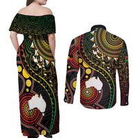 Vanuatu And Australia Aboriginal Couples Matching Off Shoulder Maxi Dress and Long Sleeve Button Shirt Iguana And Kangaroo Together LT05 - Polynesian Pride