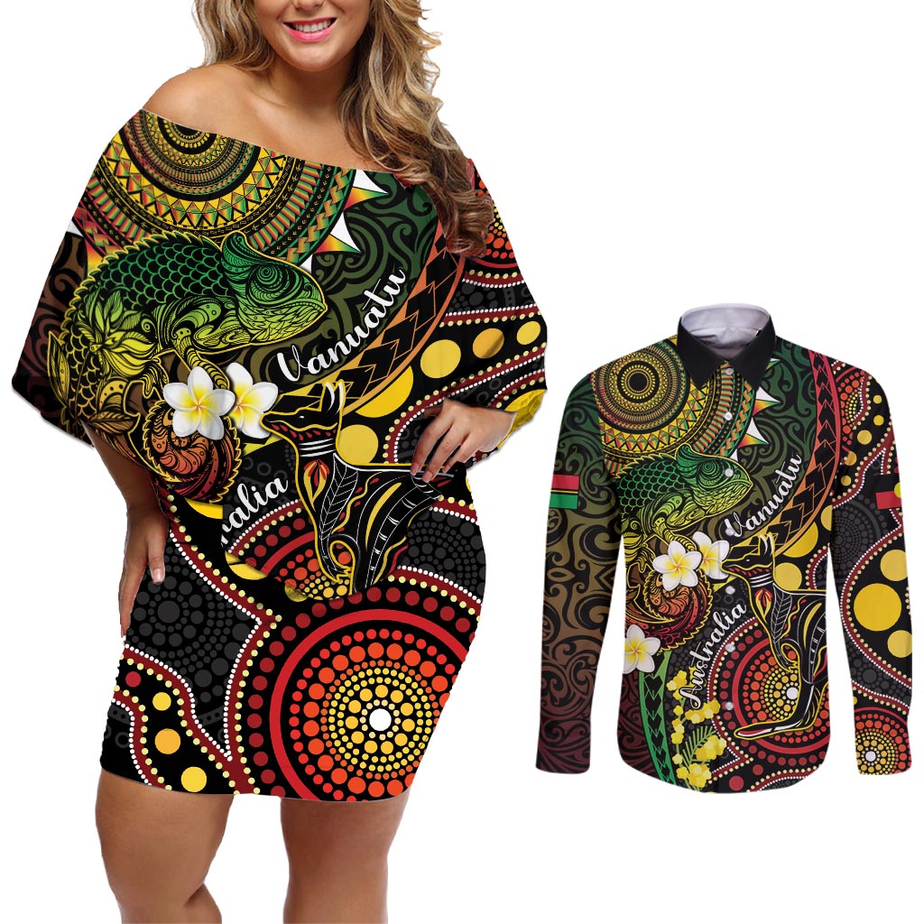 Vanuatu And Australia Aboriginal Couples Matching Off Shoulder Short Dress and Long Sleeve Button Shirt Iguana And Kangaroo Together LT05 Black - Polynesian Pride