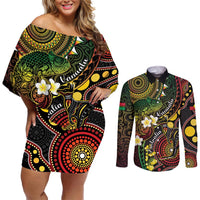 Vanuatu And Australia Aboriginal Couples Matching Off Shoulder Short Dress and Long Sleeve Button Shirt Iguana And Kangaroo Together LT05 Black - Polynesian Pride