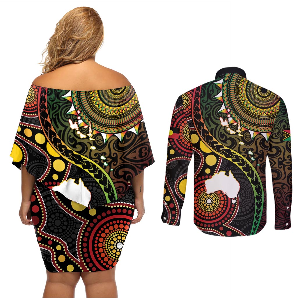 Vanuatu And Australia Aboriginal Couples Matching Off Shoulder Short Dress and Long Sleeve Button Shirt Iguana And Kangaroo Together LT05 - Polynesian Pride