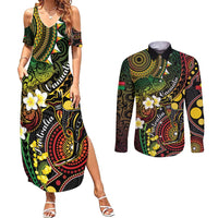 Vanuatu And Australia Aboriginal Couples Matching Summer Maxi Dress and Long Sleeve Button Shirt Iguana And Kangaroo Together LT05 Black - Polynesian Pride