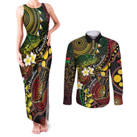 Vanuatu And Australia Aboriginal Couples Matching Tank Maxi Dress and Long Sleeve Button Shirt Iguana And Kangaroo Together LT05 Black - Polynesian Pride